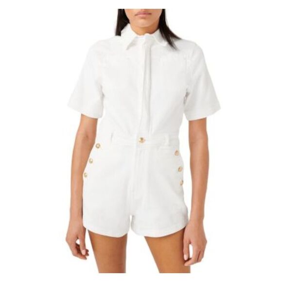 7 FOR ALL MANKIND Pants - 7 FOR ALL MANKIND Womens White Stretch Short Sleeve Collared Button Up Romper L